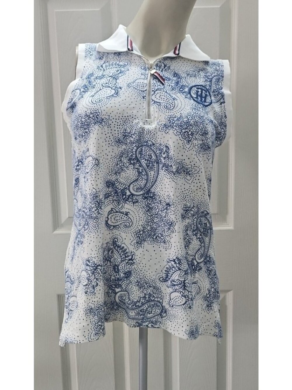 Tommy Hilfiger Sleeveless Golf Polo M Blue White Paisley Tennis Top Country Club